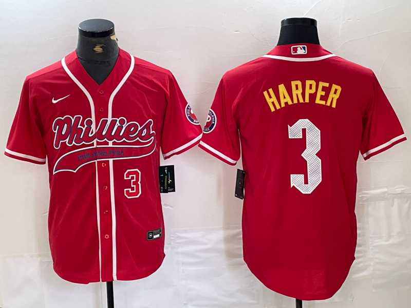 Mens Philadelphia Phillies #3 Bryce Harper Number Red Cool Base Stitched Baseball Jersey
